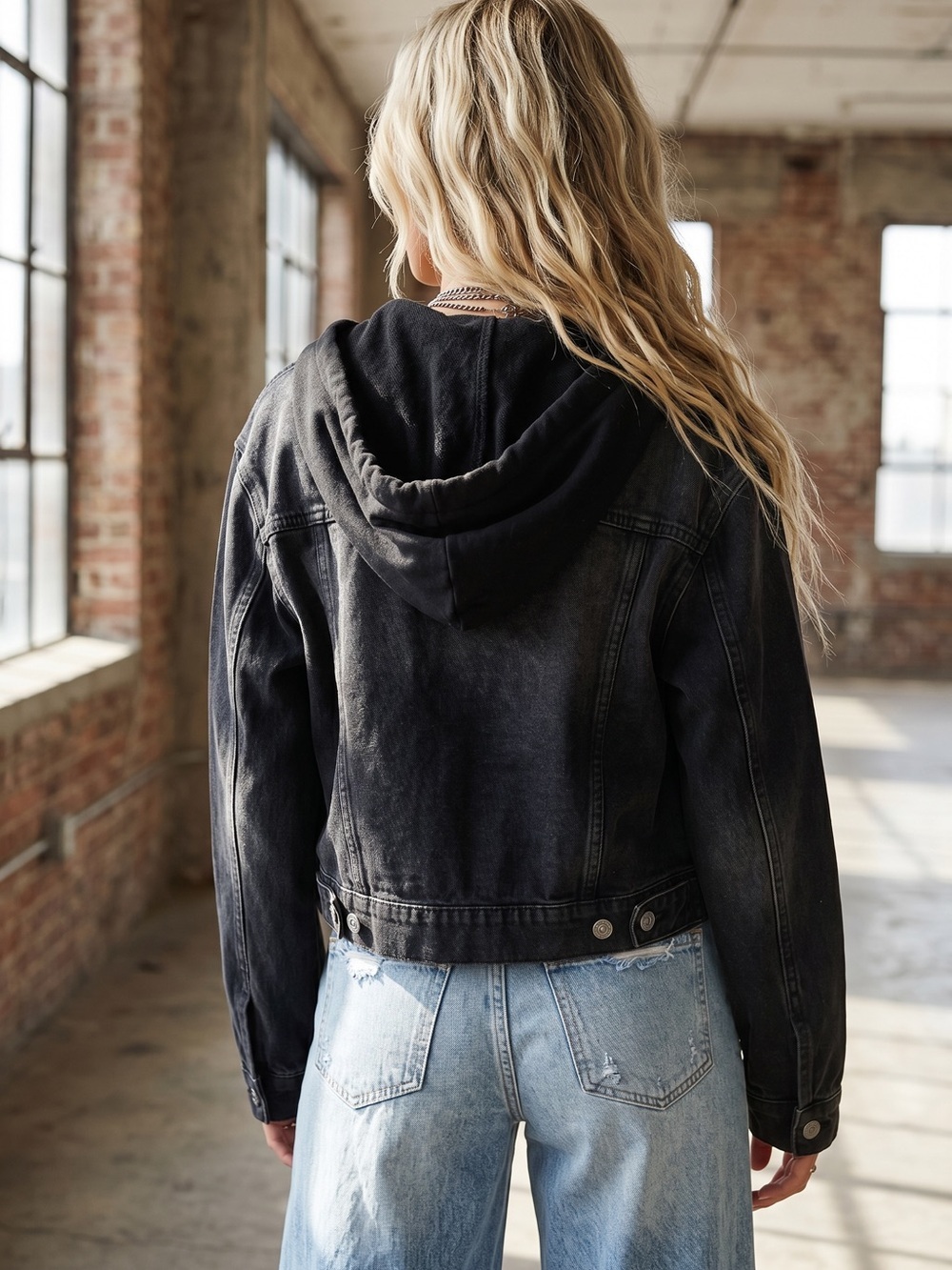 We The Free by Free People Black Washed Hooded Denim Jacket Jean Hoodie - Picture 5 of 8
